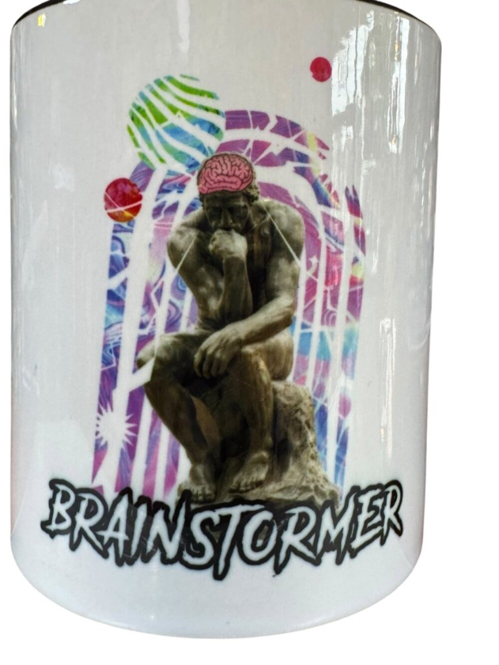 Brainstormer Coffee Mug, White with Black Interior and Handle, The Thinker